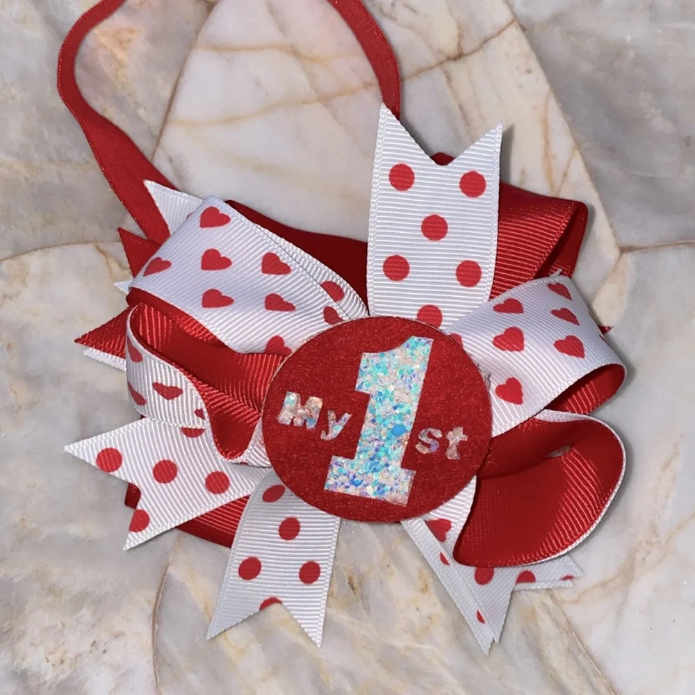 Girls Red White My‎ 1st Birthday Bow Headband Polka Dot Heart Princess Accessory